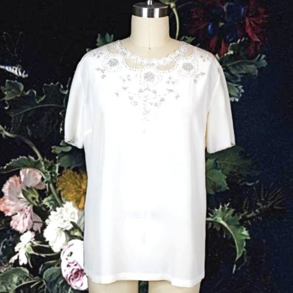Vintage NOS Tops - Vintage Hand Embroidered Silk Top Glass Beaded Floral Cream Cut Out Short Sleeve